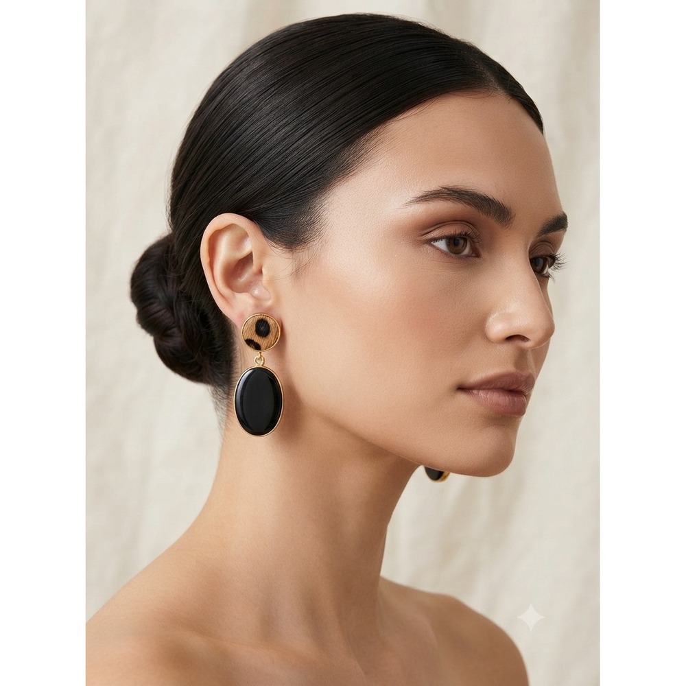 Leopard Calf Hair and Black Oval Cabochon Gold Tone Clip On Drop Earrings